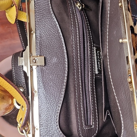 CLAUDIA FIRENZE Leather Fur Leopard Print Handbag - Picture 4 of 16